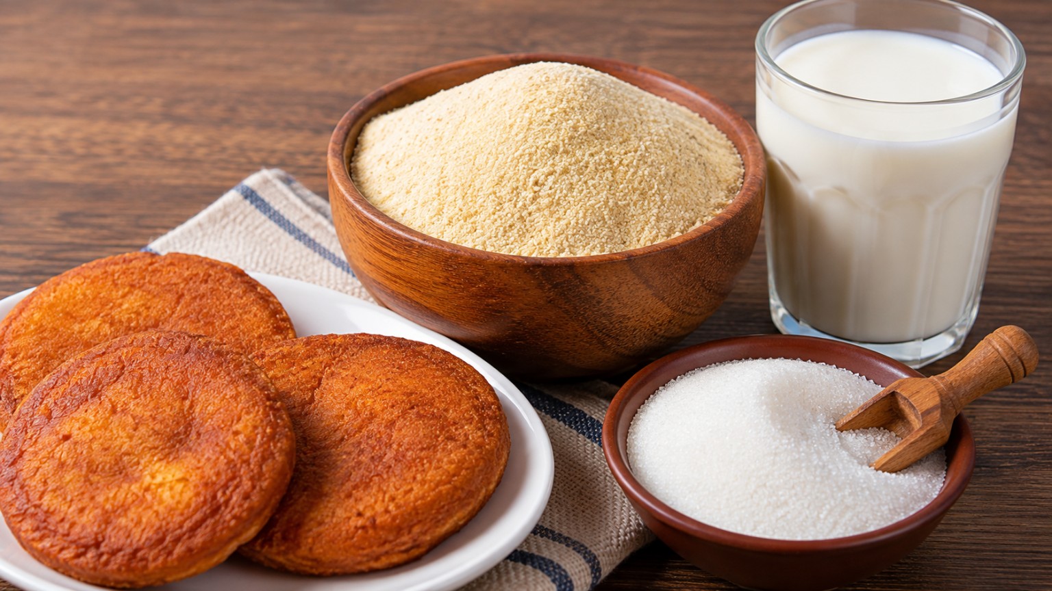 Gari, galette sucrée et lait